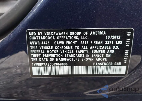 2013 Volkswagen Passat 2.5L Se z USA, uszkodzony, nr VIN 1VWBP7A30DC058035